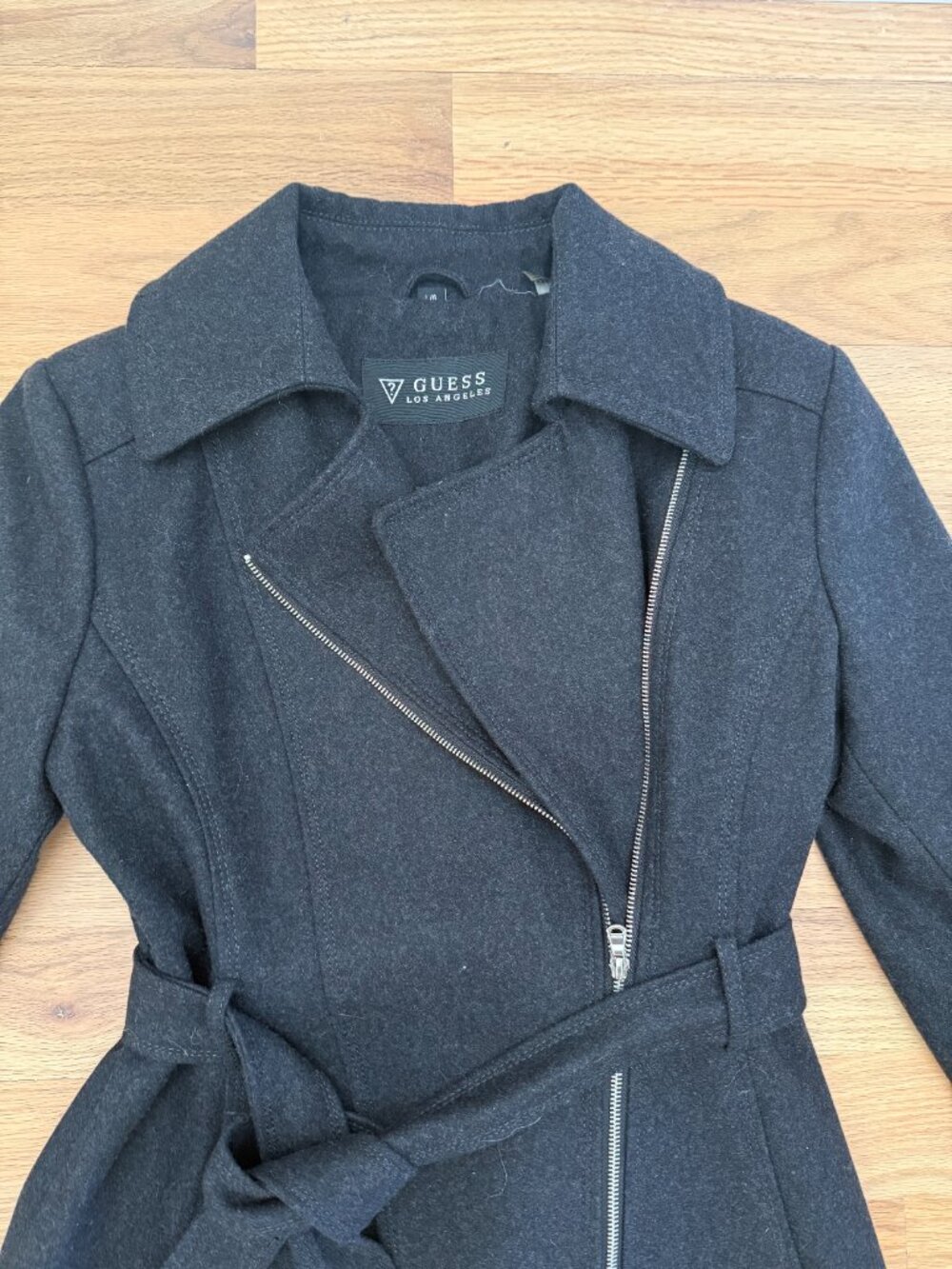 Guess Gray Wool Belted Asymmetrical Zip Coat - Size L - Picture 3 of 9